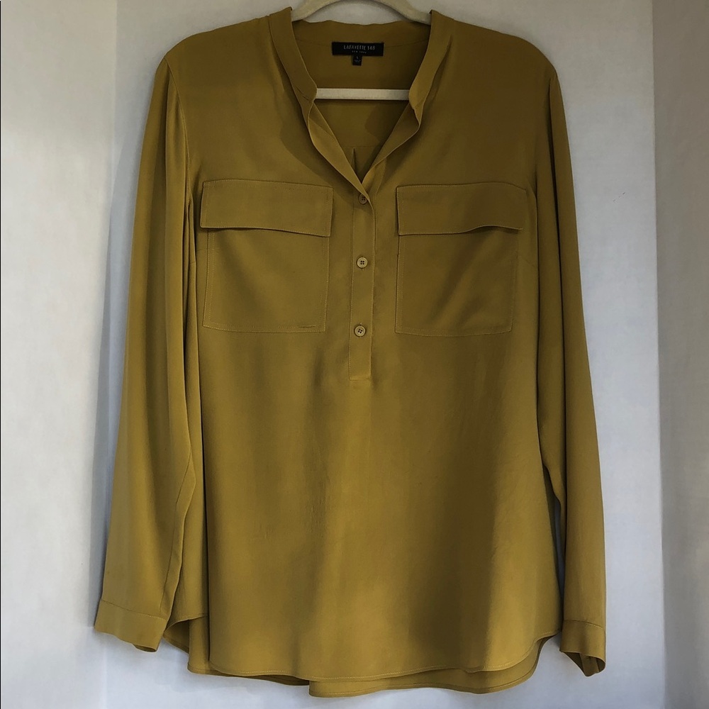 Lafayette 148 New York Mustard Split-V Blouse with Patch Pockets